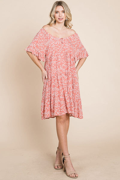 Tiered Floral Printed Flutter Short Sleeve Dress