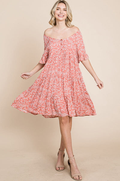 Tiered Floral Printed Flutter Short Sleeve Dress