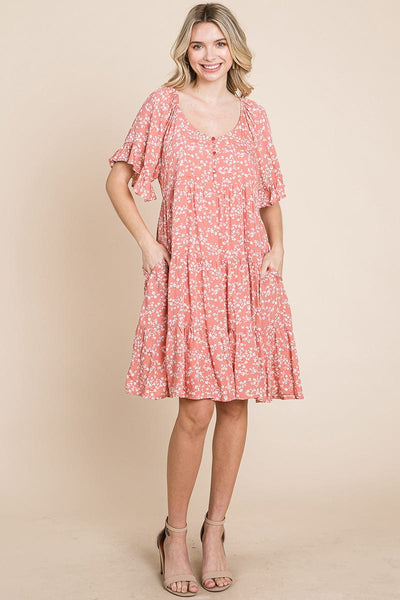 Tiered Floral Printed Flutter Short Sleeve Dress