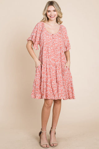 Tiered Floral Printed Flutter Short Sleeve Dress