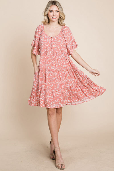 Tiered Floral Printed Flutter Short Sleeve Dress