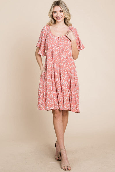 Tiered Floral Printed Flutter Short Sleeve Dress