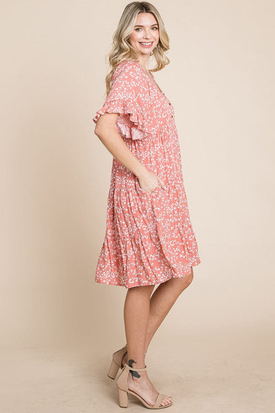 Tiered Floral Printed Flutter Short Sleeve Dress