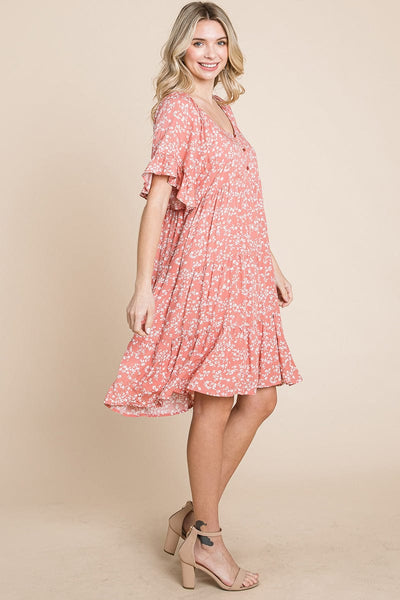 Tiered Floral Printed Flutter Short Sleeve Dress