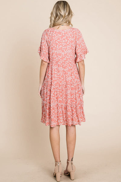 Tiered Floral Printed Flutter Short Sleeve Dress