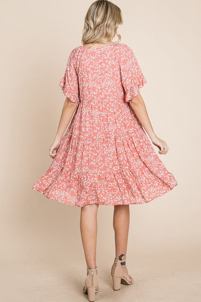 Tiered Floral Printed Flutter Short Sleeve Dress