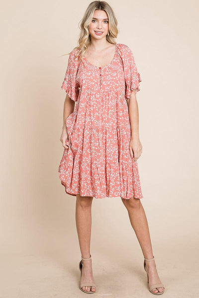 Tiered Floral Printed Flutter Short Sleeve Dress