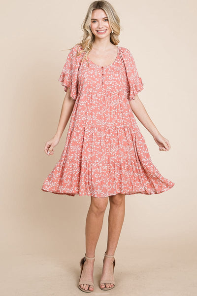 Tiered Floral Printed Flutter Short Sleeve Dress