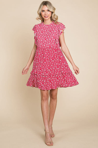 Floral Printed Ruffled Sleeve Pleated Dress