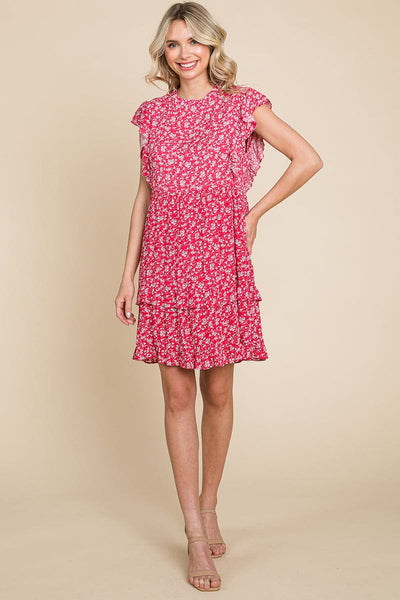 Floral Printed Ruffled Sleeve Pleated Dress