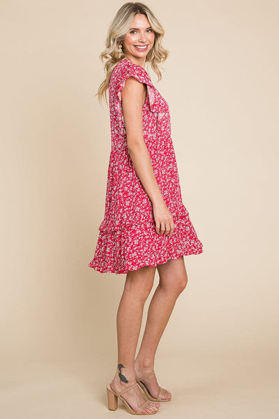 Floral Printed Ruffled Sleeve Pleated Dress