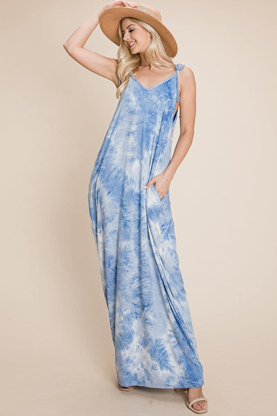 Sleeveless spaghetti strap Tie Dye Maxi dress with side pockets