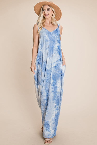 Sleeveless spaghetti strap Tie Dye Maxi dress with side pockets