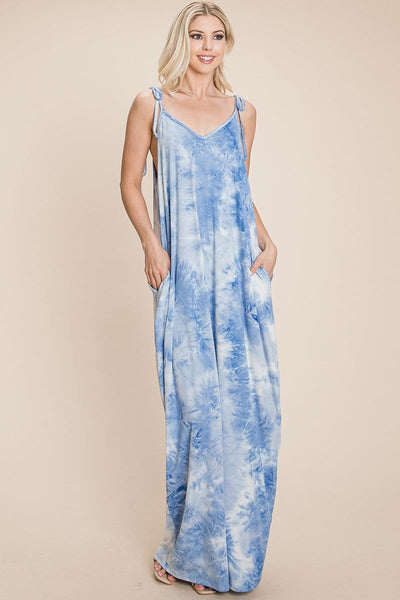 Sleeveless spaghetti strap Tie Dye Maxi dress with side pockets