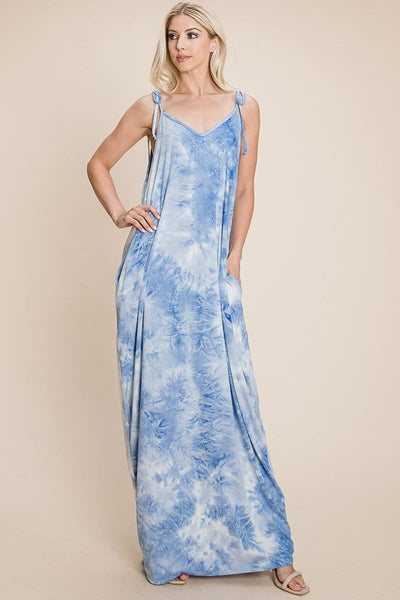 Sleeveless spaghetti strap Tie Dye Maxi dress with side pockets