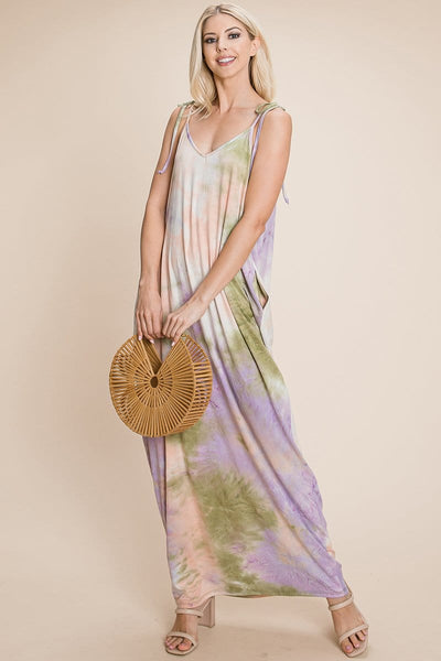 Sleeveless spaghetti strap Tie Dye Maxi dress with side pockets