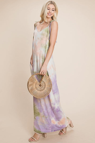 Sleeveless spaghetti strap Tie Dye Maxi dress with side pockets