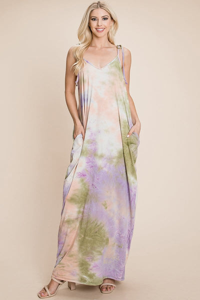 Sleeveless spaghetti strap Tie Dye Maxi dress with side pockets