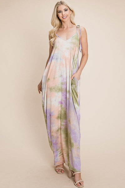 Sleeveless spaghetti strap Tie Dye Maxi dress with side pockets
