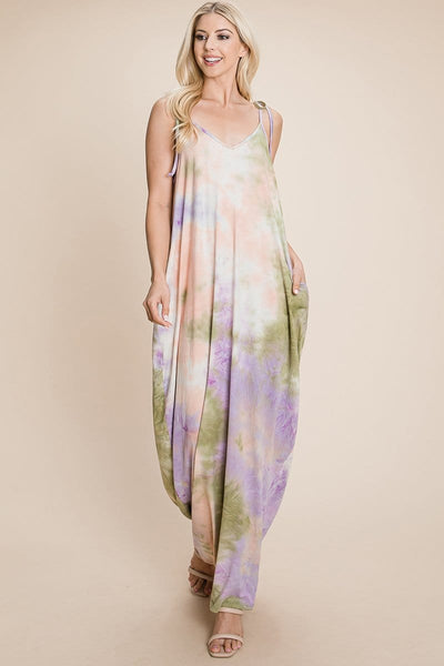 Sleeveless spaghetti strap Tie Dye Maxi dress with side pockets