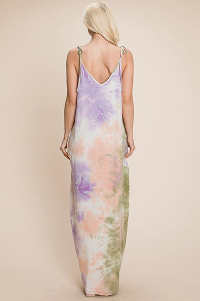 Sleeveless spaghetti strap Tie Dye Maxi dress with side pockets