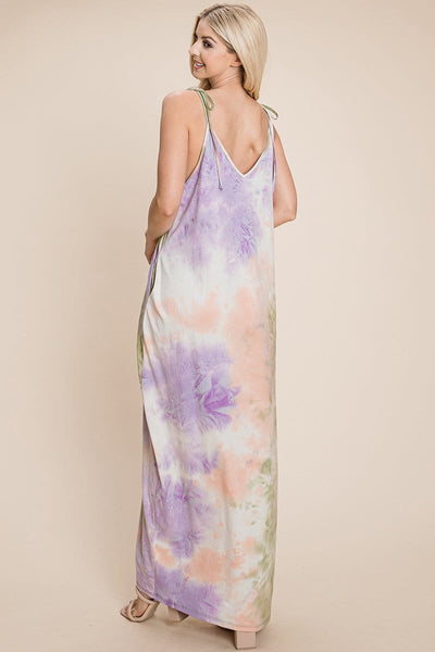 Sleeveless spaghetti strap Tie Dye Maxi dress with side pockets