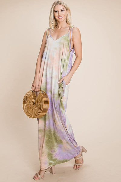 Sleeveless spaghetti strap Tie Dye Maxi dress with side pockets