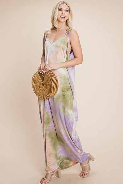 Sleeveless spaghetti strap Tie Dye Maxi dress with side pockets