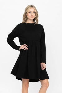 Long Sleeve Round Neck Shift Cotton Dress Tiered Solid Color Tunic Party Mini Dress