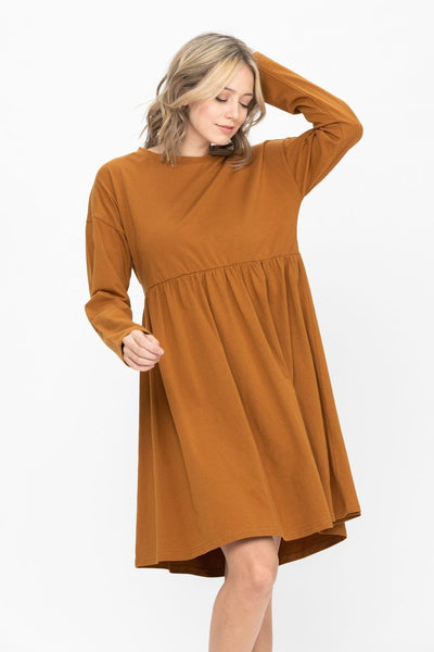 Long Sleeve Round Neck Shift Cotton Dress Tiered Solid Color Tunic Party Mini Dress