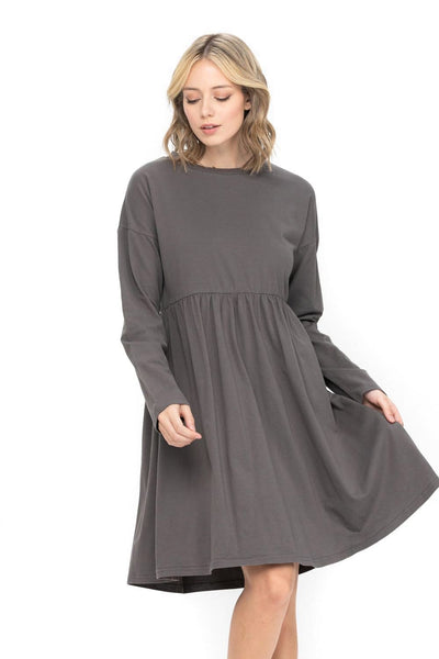 Long Sleeve Round Neck Shift Cotton Dress Tiered Solid Color Tunic Party Mini Dress