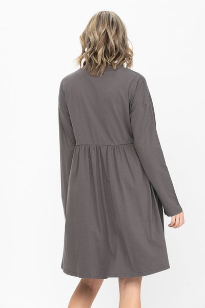 Long Sleeve Round Neck Shift Cotton Dress Tiered Solid Color Tunic Party Mini Dress