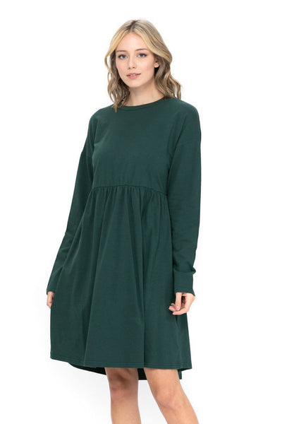 Long Sleeve Round Neck Shift Cotton Dress Tiered Solid Color Tunic Party Mini Dress