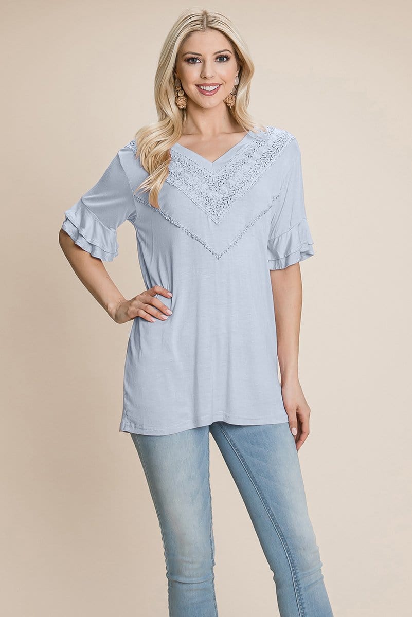 V Neck Lace trim Front Ruffle Sleeve Shirt tops