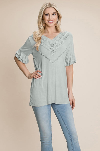 V Neck Lace trim Front Ruffle Sleeve Shirt tops