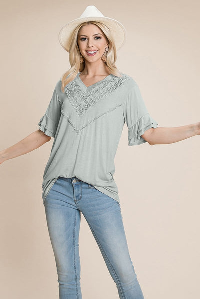 V Neck Lace trim Front Ruffle Sleeve Shirt tops