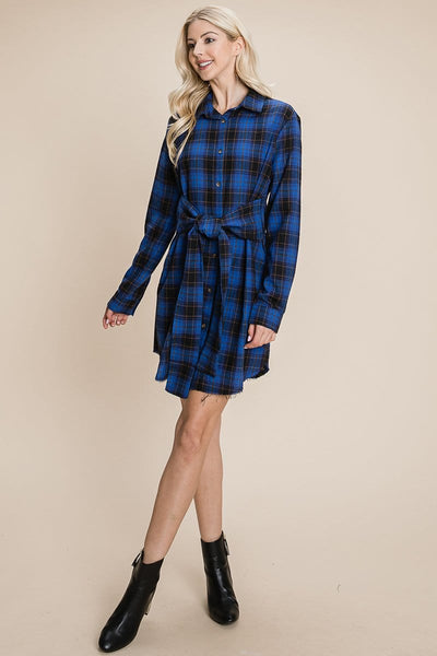 Belted Casual Tunic Cotton Plaid T Shirt Dresses