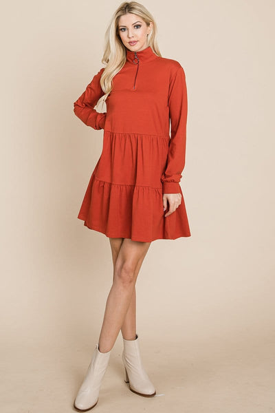Collared Zipper Front Layered Cotton Shirt Dress