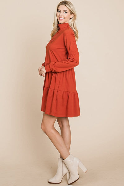 Collared Zipper Front Layered Cotton Shirt Dress