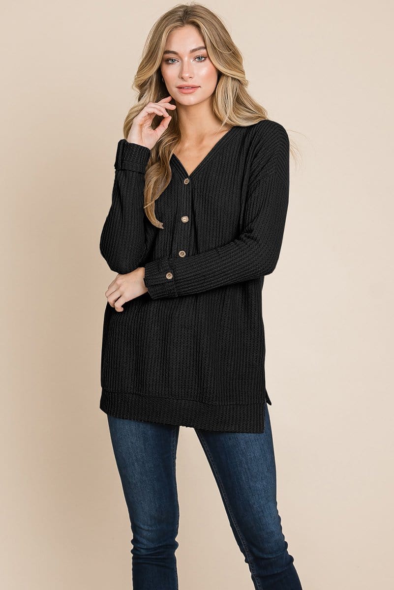 Sweater Henley With Cardigan Waffle Brushed V Neck Knit Henley