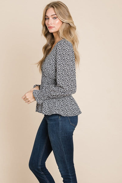 Smocked Waist Ditsy Print Blouse Peplum Tops