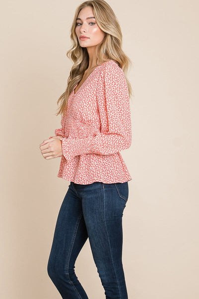 Smocked Waist Ditsy Print Blouse Peplum Tops