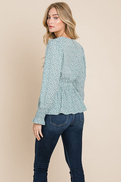 Smocked Waist Ditsy Print Blouse Peplum Tops