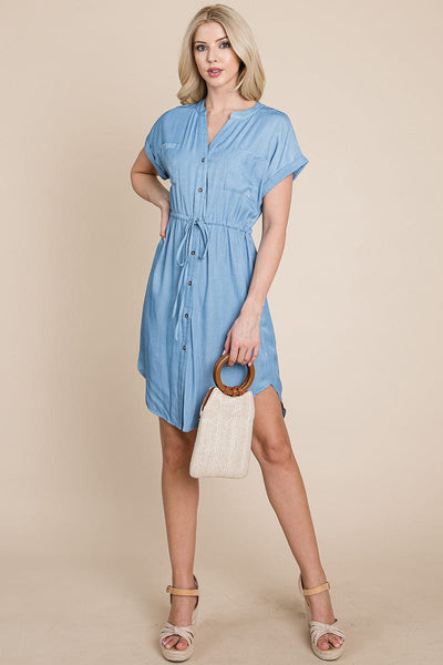 Button Down Chambray Drawstring Waist Shirt Dress