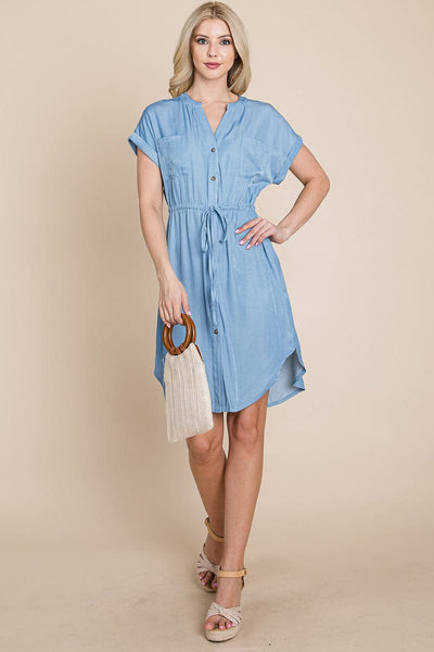 Button Down Chambray Drawstring Waist Shirt Dress