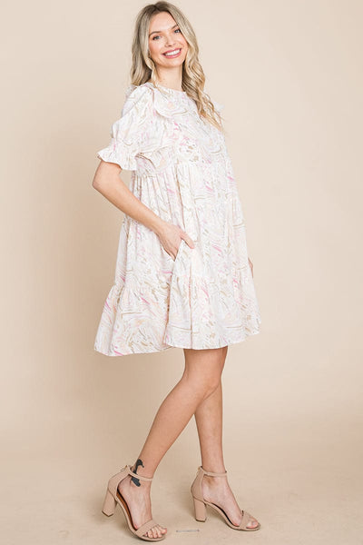 Printed Ruffle Short Sleeve Tiered Swing Dress