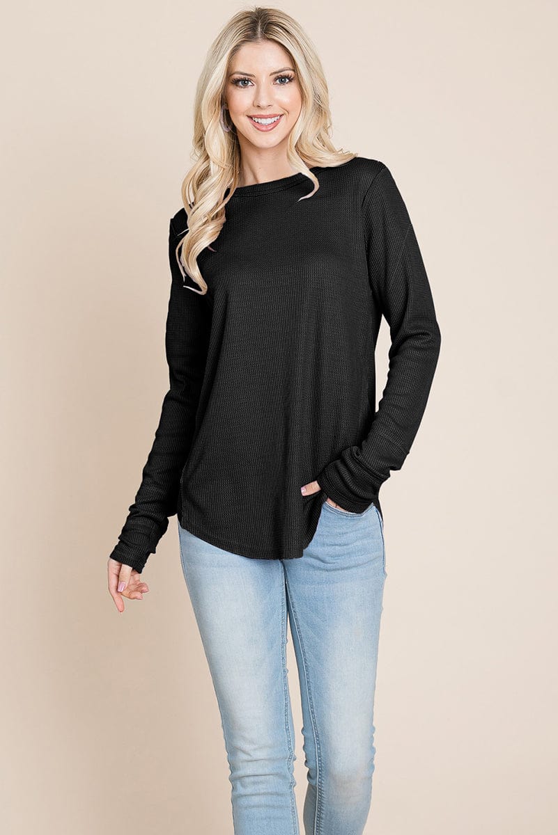 Casual Comfy Knit Waffle Pullover Raw Edge Tops