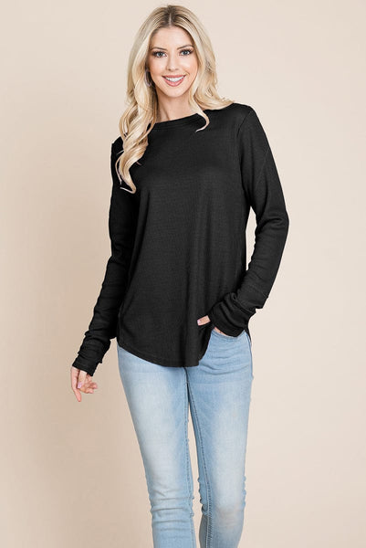 Casual Comfy Knit Waffle Pullover Raw Edge Tops
