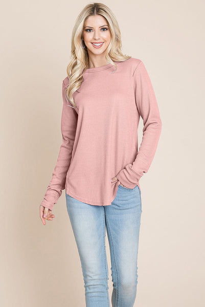 Casual Comfy Knit Waffle Pullover Raw Edge Tops