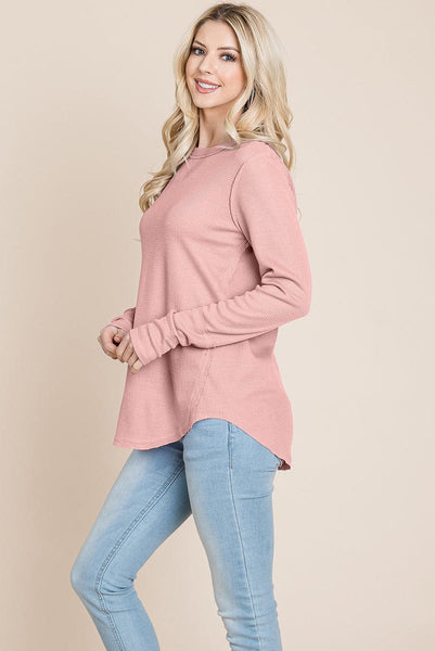 Casual Comfy Knit Waffle Pullover Raw Edge Tops